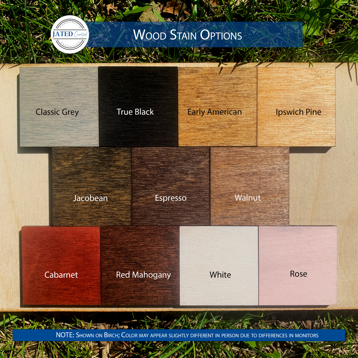 Wood Stain Swatch Classic Grey, True Black, Early American, Ipswich Pine, Jacobean, Espresso, Walnut, cabarnet, Red Mahogany, White, Rose